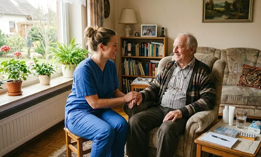 Pflegende Angehörige sitzt mit einem Senior im Wohnzimmer und plant Unterstützung für zu Hause.